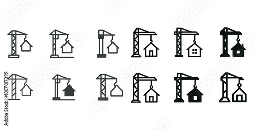 Collection of construction crane icons with house symbols in various styles
