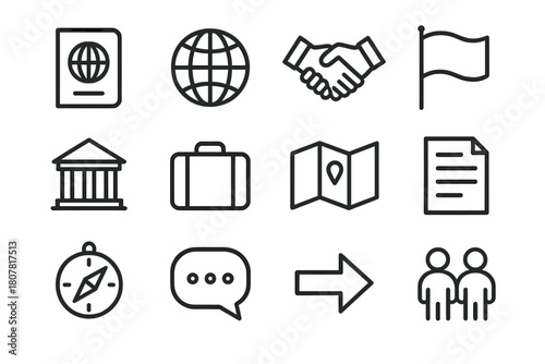 Foreign Affairs Icons. Foreign Affairs. Line icon set of Foreign Affairs: passport, globe, handshake, flag, building, suitcase, map, document, compass, chat