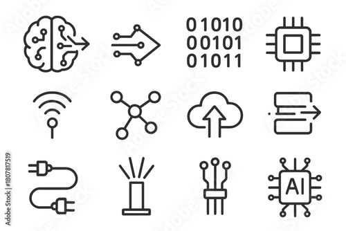 Neural Data Icons. Neural data transfer. Line icon set of neural data transfer: brain, circuit arrow, binary stream, chip, wireless signal, network nodes,