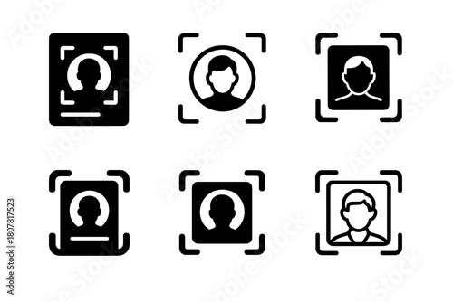 Facial Recognition Icons. Facial recognition. Icon set. Set Logo of facial recognition: ID card with face portrait circle. harmonious logo variations of the