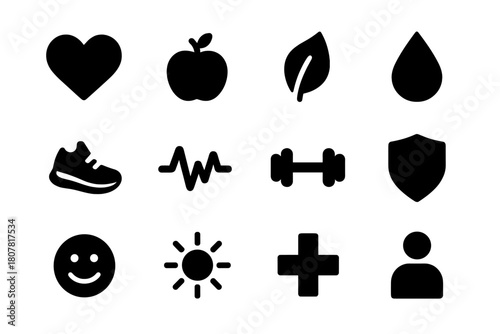 Health Benefit Icons. Health benefits. Solid icon set of health benefits: heart, apple, leaf, water drop, running shoe, heartbeat, dumbbell, shield, smile,