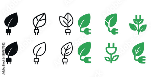 Eco-friendly energy icons in green and black leaf plug designs