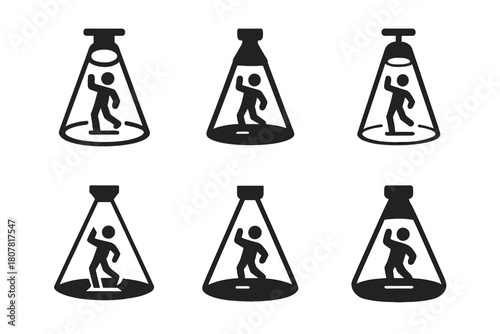 Parody Skit Logos. Parody skit. Icon set. Set Logo of parody skit: stage spotlight and performer. harmonious logo variations of the same emblematic concept,