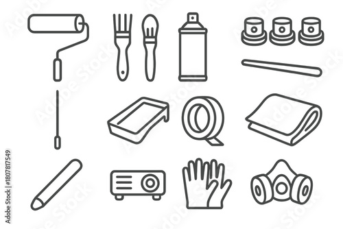 Mural Artist Essentials. Mural Artist Toolkit. Line icon set of Mural Artist Toolkit: wide roller, brush set, spray can, cap nozzles set, extension pole, paint