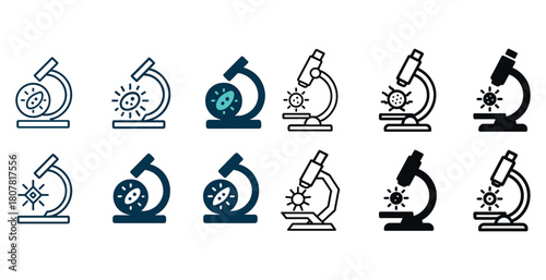 Set of microscope icons with virus and sun illustrations in various styles