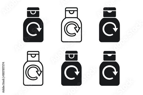 Shampoo Cap Icon Set. Shampoo bottle cap. Icon set. Set Logo of shampoo bottle cap: child-resistant push-down-and-turn cap. harmonious logo variations of the