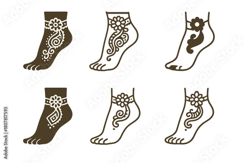 Henna Art Variations. Henna art. Icon set. Set Logo of henna art: ankle and foot mehndi anklet design. harmonious logo variations of the same emblematic