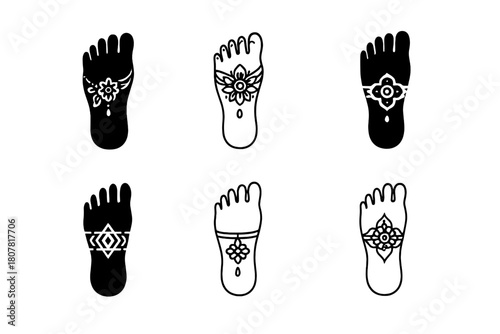 Henna Art Variations. Henna art. Icon set. Set Logo of henna art: ankle and foot mehndi anklet design. harmonious logo variations of the same emblematic