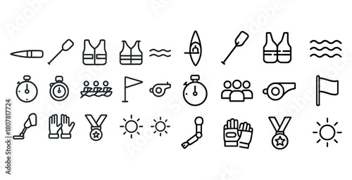 Outline icons of water sports gear and timing equipment including stopwatch and life vest