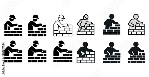 Icon set of construction workers building brick walls