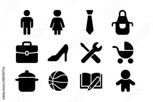 Social Expectations Icons. Social Expectations. Solid icon set of Social Expectations: man, woman, tie, apron, briefcase, high heel, tools, baby stroller,
