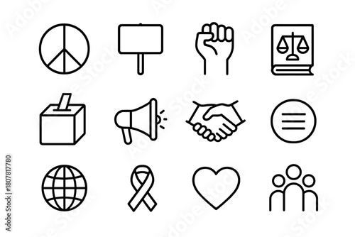 Human Rights Icons. Human rights. Line icon set of Human rights: peace symbol, protest sign, raised fist, law book, ballot box, megaphone, handshake, equality