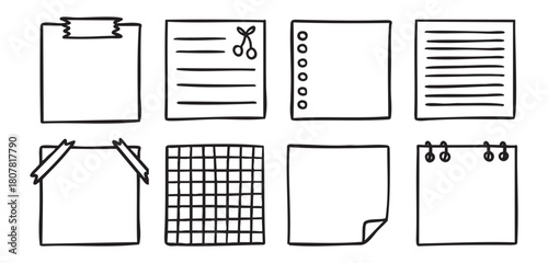 Sticky note paper squares for school planner, doodle set, playful stationery, hand drawn Monochrome line art outline, clean contour style, hand drawn.