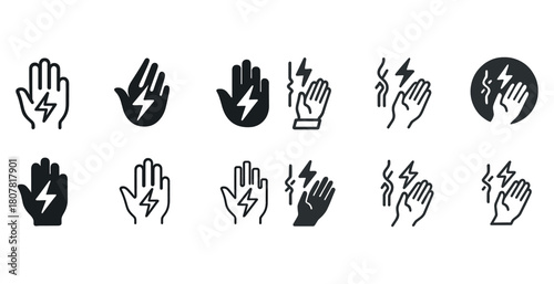 Collection of hand and lightning bolt safety icons in various styles