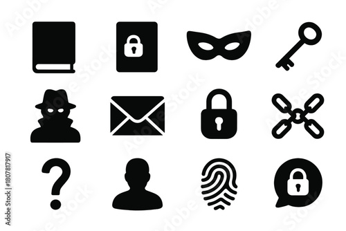 Mystery Icon Set. Concealed Mystery. Solid icon set of Concealed Mystery: closed book, locked diary, mask, key, shadowed face, envelope, padlock, chains,