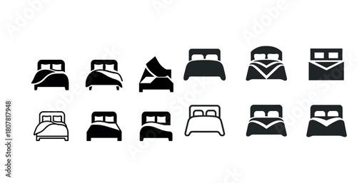 Set of bed icons in various styles and designs in black and white
