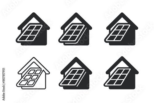 Solar Roof Logo Variations. Solar roofing systems. Icon set. Set Logo of solar roofing systems: waterproof flashing around panel frame. harmonious logo