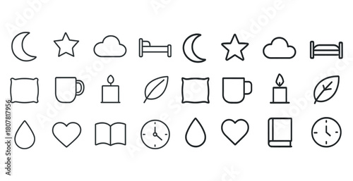 Minimalistic icon set featuring bed, cloud, moon, star, candle, leaf, mug, and clock symbols