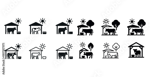 Farm animal icons: silhouette cows in various shelter and outdoor settings