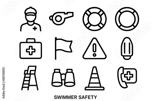 Swimmer Safety Icons. Swimmer safety. Line icon set of swimmer safety: lifeguard, whistle, buoy, lifebuoy, first aid kit, safety flag, warning sign, rescue