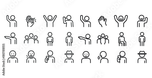Minimalist line icons of people in various social interactions and expressions