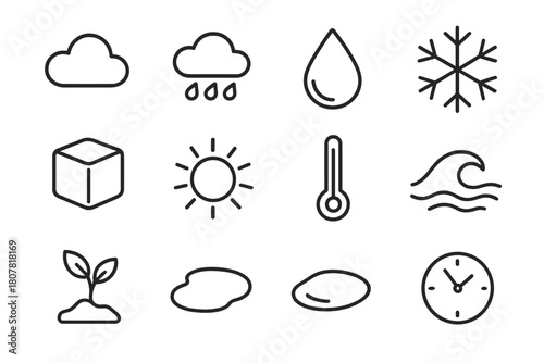Water Cycle Icons. Water Cycle. Line icon set of Water Cycle: cloud, rain, droplet, snowflake, ice cube, sun, thermometer, wave, air, plant, puddle, clock. All