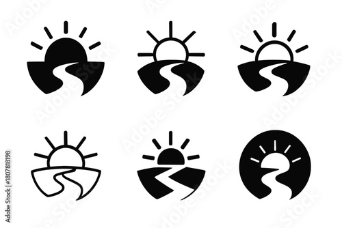 Guiding Path Logos. Helping someone prepare for a big event or transition. Icon set. Set Logo of helping someone prepare for a big event or transition: sunrise