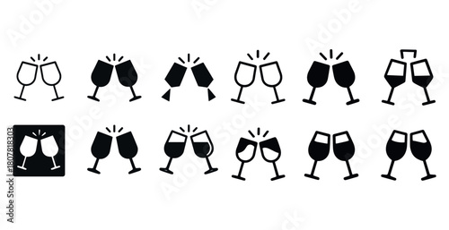 Celebratory toast icons in various styles with clinking glasses illustrations