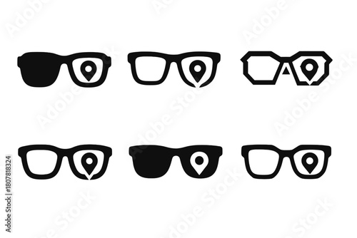 Augmented Reality Glasses Logos. Augmented reality glasses for gaming or navigation. Icon set. Set Logo of augmented reality glasses for gaming or navigation:
