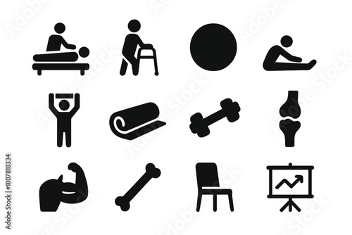 Rehabilitation Therapy Icons. Rehabilitation therapy. Solid icon set of rehabilitation therapy: physiotherapist, patient, exercise ball, stretching, band, mat,