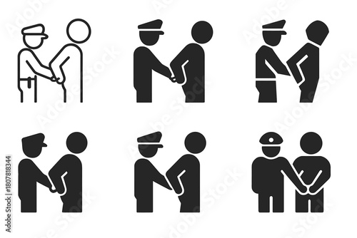 Arrest Icon Variations. Person Arrested on Suspicion of Crime. Icon set. Set Logo of Arrest Scene: police handcuffing suspect. harmonious logo variations of