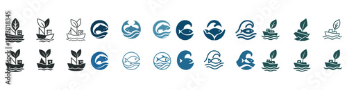 Nautical icons of boats and fish in blue and black designs