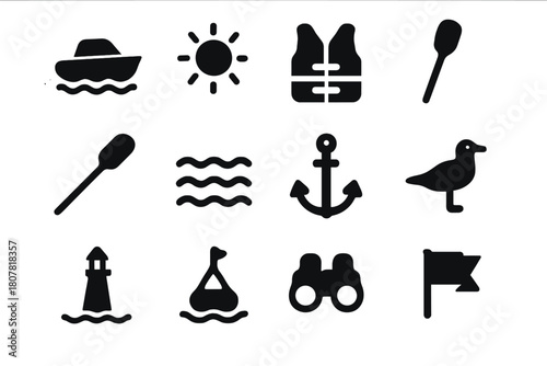 Summer Boating Icons. Summer boating. Solid icon set of Summer boating: boat, sun, life jacket, paddle, oar, water waves, anchor, seagull, lighthouse, buoy,