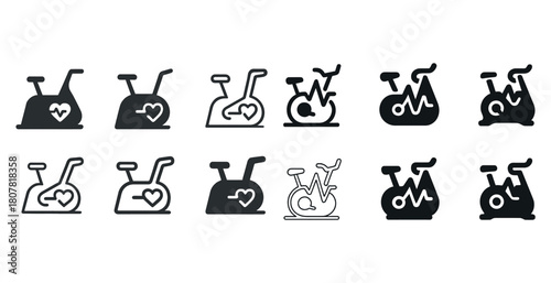 Set of exercise bike icons with heart design