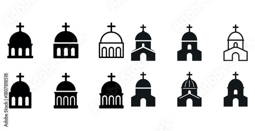 Church icon set: diverse architectural styles in black and white