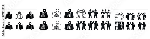 Diverse black and white human pictograms with various map icons and group poses