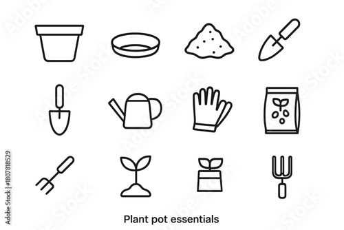 Garden Tool Icons. Plant pot essentials. Line icon set of Plant pot essentials: plant pot, saucer, soil, trowel, shovel, watering can, gardening gloves, seeds