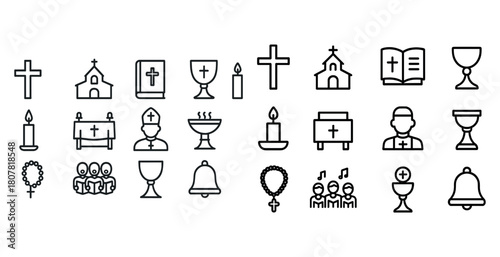 Collection of christian worship icons: church, cross, priest, candles, bible
