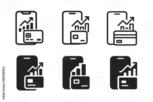 Finance App Icons. Managing finances with an app. Icon set. Set Logo of managing finances with an app: credit card and analytics chart. harmonious logo