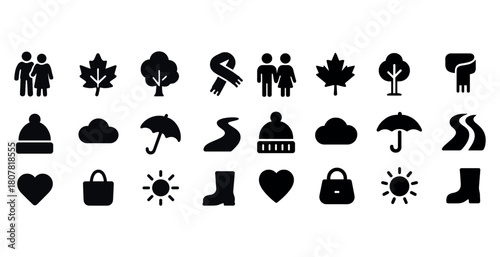 Set of autumn and winter icon silhouettes including tree, umbrella, scarf, and boots