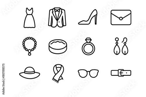 High Fashion Icons. High fashion items. Line icon set of High fashion items: gown, tuxedo, stiletto heels, clutch bag, necklace, bracelet, ring, earrings, hat,