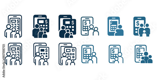 People calculating finances on mobile devices icon set in various styles