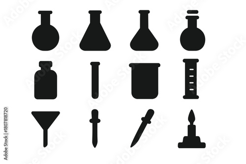 Chemistry Flasks Icons. Chemistry Flasks. Solid icon set of Chemistry Flasks: round-bottom flask, Erlenmeyer flask, volumetric flask, Florence flask, reagent