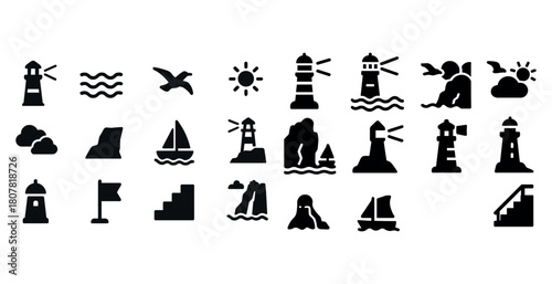 Lighthouse and nautical icon set: waves, boats, seagulls, sun, clouds