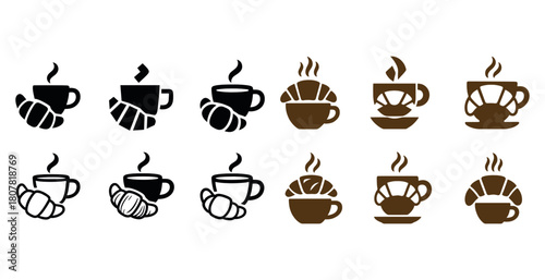 Coffee and croissant icons: breakfast beverage and pastry symbols