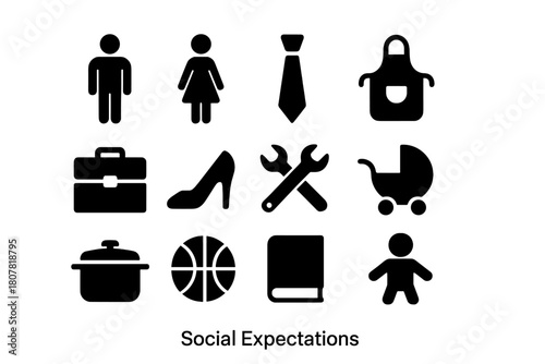 Social Expectations Icons. Social Expectations. Solid icon set of Social Expectations: man, woman, tie, apron, briefcase, high heel, tools, baby stroller,