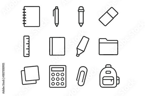 Study Icons Collection. Study and Learning Spaces. Solid icon set of Study and Learning Spaces: desk, notebook, pencil, lamp, globe, bookshelf, laptop,