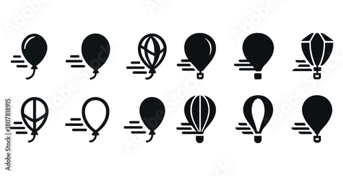 Monochrome balloon icons set with varied designs and motion effects