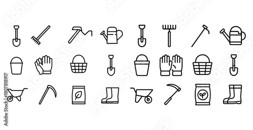 Set of black gardening icons: tools, gloves, wheelbarrow, boots, watering can