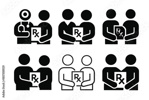 Doctor Visit Icons. Taking a friend to the doctor. Icon set. Set Logo of Taking a friend to the doctor: Prescription handoff. harmonious logo variations of the
